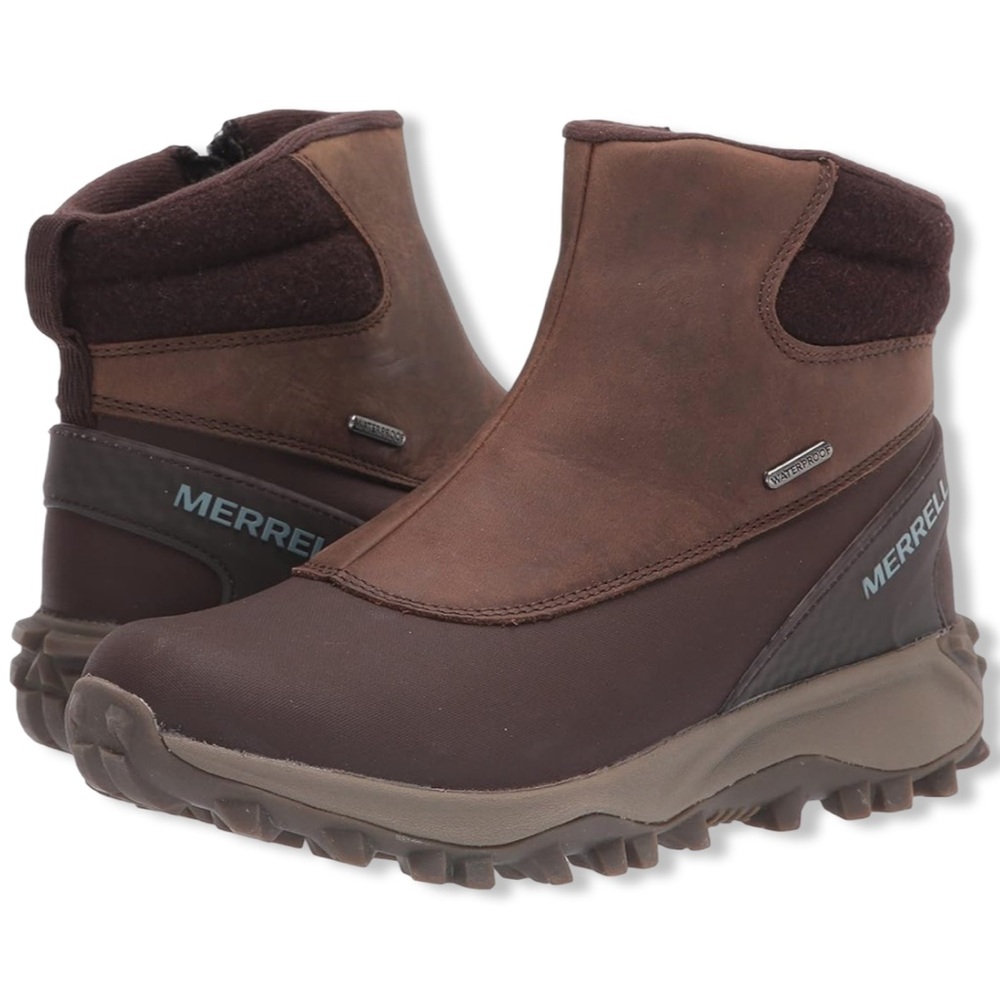 NIB 7.5 Women’s Merrell Thermo Kiruna Mid Zip Brown Wool Lined Waterproof Boots